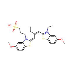 CCC(=C/c1sc2ccc(OC)cc2[n+]1CC)/C=C1/Sc2ccc(OC)cc2N1CCCS(=O)(=O)O ZINC000003099641