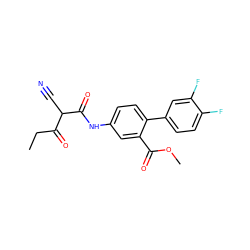 CCC(=O)C(C#N)C(=O)Nc1ccc(-c2ccc(F)c(F)c2)c(C(=O)OC)c1 ZINC000101459836