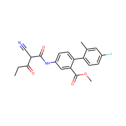 CCC(=O)C(C#N)C(=O)Nc1ccc(-c2ccc(F)cc2C)c(C(=O)OC)c1 ZINC000101459830