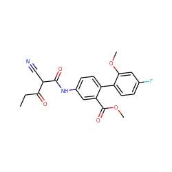 CCC(=O)C(C#N)C(=O)Nc1ccc(-c2ccc(F)cc2OC)c(C(=O)OC)c1 ZINC000101459841