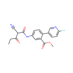 CCC(=O)C(C#N)C(=O)Nc1ccc(-c2ccc(F)nc2)c(C(=O)OC)c1 ZINC000101459833