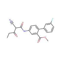 CCC(=O)C(C#N)C(=O)Nc1ccc(-c2cccc(F)c2)c(C(=O)OC)c1 ZINC000101459819