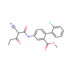 CCC(=O)C(C#N)C(=O)Nc1ccc(-c2ccccc2Cl)c(C(=O)OC)c1 ZINC000101459809