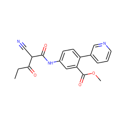 CCC(=O)C(C#N)C(=O)Nc1ccc(-c2cccnc2)c(C(=O)OC)c1 ZINC000101459829