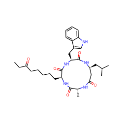 CCC(=O)CCCCC[C@@H]1NC(=O)[C@@H](C)NC(=O)C[C@H](CC(C)C)NC(=O)[C@H](Cc2c[nH]c3ccccc23)NC1=O ZINC000084602479