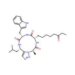 CCC(=O)CCCCC[C@@H]1NC(=O)[C@@H](C)n2nncc2[C@H](CC(C)C)NC(=O)[C@H](Cc2c[nH]c3ccccc23)NC1=O ZINC000084602481