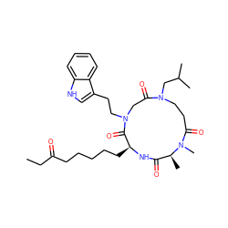 CCC(=O)CCCCC[C@@H]1NC(=O)[C@H](C)N(C)C(=O)CCN(CC(C)C)C(=O)CN(CCc2c[nH]c3ccccc23)C1=O ZINC000095556266