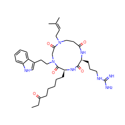 CCC(=O)CCCCC[C@@H]1NC(=O)[C@H](CCCNC(=N)N)NC(=O)CCN(CC=C(C)C)C(=O)CN(CCc2c[nH]c3ccccc23)C1=O ZINC000095552638