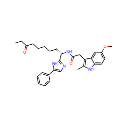 CCC(=O)CCCCC[C@H](NC(=O)Cc1c(C)[nH]c2ccc(OC)cc12)c1ncc(-c2ccccc2)[nH]1 ZINC000029054529