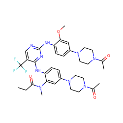 CCC(=O)N(C)c1cc(N2CCN(C(C)=O)CC2)ccc1Nc1nc(Nc2ccc(N3CCN(C(C)=O)CC3)cc2OC)ncc1C(F)(F)F ZINC001772588592