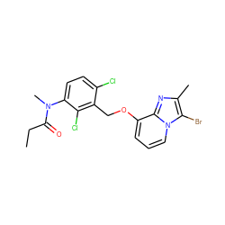 CCC(=O)N(C)c1ccc(Cl)c(COc2cccn3c(Br)c(C)nc23)c1Cl ZINC000013778282