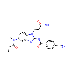 CCC(=O)N(C)c1ccc2c(c1)nc(NC(=O)c1ccc(C#N)cc1)n2CCC(N)=O ZINC000040862038