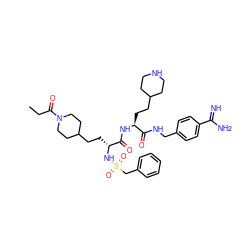 CCC(=O)N1CCC(CC[C@@H](NS(=O)(=O)Cc2ccccc2)C(=O)N[C@@H](CCC2CCNCC2)C(=O)NCc2ccc(C(=N)N)cc2)CC1 ZINC000169697460