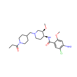 CCC(=O)N1CCC(CN2CC[C@H](NC(=O)c3cc(Cl)c(N)cc3OC)[C@H](OC)C2)CC1 ZINC000168633847