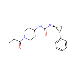 CCC(=O)N1CCC(NC(=O)N[C@H]2C[C@@H]2c2ccccc2)CC1 ZINC000064528382