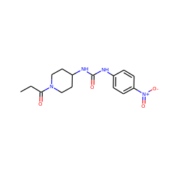 CCC(=O)N1CCC(NC(=O)Nc2ccc([N+](=O)[O-])cc2)CC1 ZINC000064549366