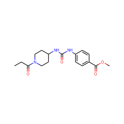 CCC(=O)N1CCC(NC(=O)Nc2ccc(C(=O)OC)cc2)CC1 ZINC000064549381