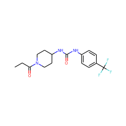 CCC(=O)N1CCC(NC(=O)Nc2ccc(C(F)(F)F)cc2)CC1 ZINC000064539891