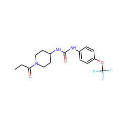 CCC(=O)N1CCC(NC(=O)Nc2ccc(OC(F)(F)F)cc2)CC1 ZINC000036388980