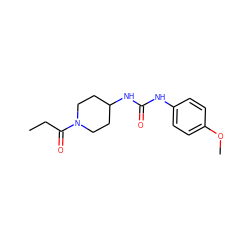 CCC(=O)N1CCC(NC(=O)Nc2ccc(OC)cc2)CC1 ZINC000064539009