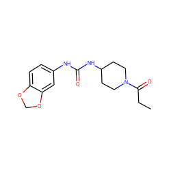 CCC(=O)N1CCC(NC(=O)Nc2ccc3c(c2)OCO3)CC1 ZINC000064528142