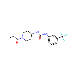 CCC(=O)N1CCC(NC(=O)Nc2cccc(C(F)(F)F)c2)CC1 ZINC000064539268