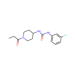 CCC(=O)N1CCC(NC(=O)Nc2cccc(F)c2)CC1 ZINC000064549231