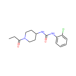 CCC(=O)N1CCC(NC(=O)Nc2ccccc2Cl)CC1 ZINC000064513533