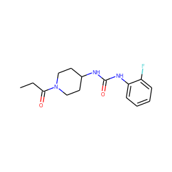 CCC(=O)N1CCC(NC(=O)Nc2ccccc2F)CC1 ZINC000064549345