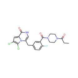 CCC(=O)N1CCN(C(=O)c2cc(Cc3c[nH]c(=O)c4cc(Cl)c(Cl)n34)ccc2F)CC1 ZINC000045384732