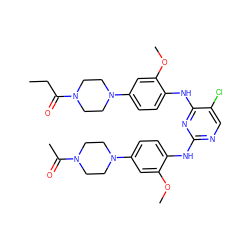 CCC(=O)N1CCN(c2ccc(Nc3nc(Nc4ccc(N5CCN(C(C)=O)CC5)cc4OC)ncc3Cl)c(OC)c2)CC1 ZINC001772610557