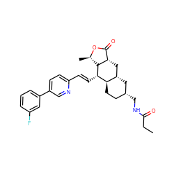 CCC(=O)NC[C@@H]1CC[C@@H]2[C@@H](C1)C[C@H]1C(=O)O[C@H](C)[C@H]1[C@H]2/C=C/c1ccc(-c2cccc(F)c2)cn1 ZINC000103244808