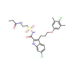 CCC(=O)NCCS(=O)(=O)NC(=O)c1[nH]c2cc(Cl)ccc2c1CCCOc1cc(C)c(Cl)c(C)c1 ZINC000222508772