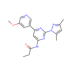 CCC(=O)Nc1cc(-c2cncc(OC)c2)nc(-n2nc(C)cc2C)n1 ZINC000040423480