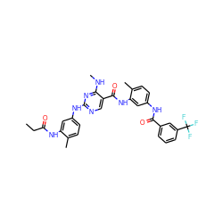 CCC(=O)Nc1cc(Nc2ncc(C(=O)Nc3cc(NC(=O)c4cccc(C(F)(F)F)c4)ccc3C)c(NC)n2)ccc1C ZINC001772604051