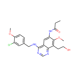 CCC(=O)Nc1cc2c(NCc3ccc(OC)c(Cl)c3)ncnc2c(CCO)c1OC ZINC000042888312