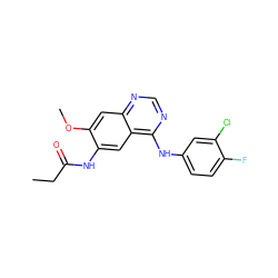 CCC(=O)Nc1cc2c(Nc3ccc(F)c(Cl)c3)ncnc2cc1OC ZINC001772648123