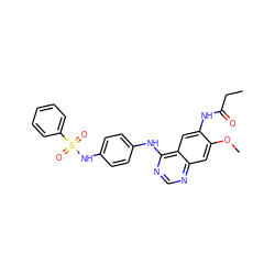 CCC(=O)Nc1cc2c(Nc3ccc(NS(=O)(=O)c4ccccc4)cc3)ncnc2cc1OC ZINC001772608223