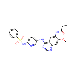 CCC(=O)Nc1cc2c(Nc3ccc(NS(=O)(=O)c4ccccc4)nc3)ncnc2cc1OC ZINC001772571188