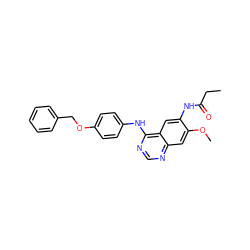 CCC(=O)Nc1cc2c(Nc3ccc(OCc4ccccc4)cc3)ncnc2cc1OC ZINC001772631291