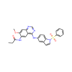 CCC(=O)Nc1cc2c(Nc3ccc4c(ccn4S(=O)(=O)c4ccccc4)c3)ncnc2cc1OC ZINC001772616920