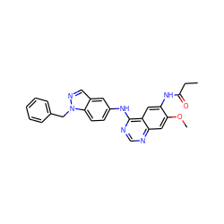 CCC(=O)Nc1cc2c(Nc3ccc4c(cnn4Cc4ccccc4)c3)ncnc2cc1OC ZINC001772636532