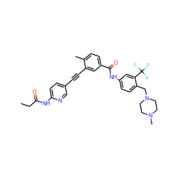 CCC(=O)Nc1ccc(C#Cc2cc(C(=O)Nc3ccc(CN4CCN(C)CC4)c(C(F)(F)F)c3)ccc2C)cn1 ZINC000071294716