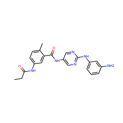 CCC(=O)Nc1ccc(C)c(C(=O)Nc2cnc(Nc3cccc(N)c3)nc2)c1 ZINC000169353150