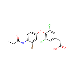 CCC(=O)Nc1ccc(Oc2c(Cl)cc(CC(=O)O)cc2Cl)cc1Br ZINC000014969182