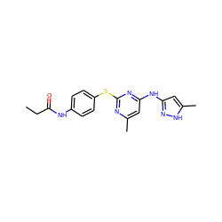 CCC(=O)Nc1ccc(Sc2nc(C)cc(Nc3cc(C)[nH]n3)n2)cc1 ZINC000043075051