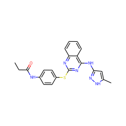 CCC(=O)Nc1ccc(Sc2nc(Nc3cc(C)[nH]n3)c3ccccc3n2)cc1 ZINC000034389590