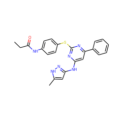 CCC(=O)Nc1ccc(Sc2nc(Nc3cc(C)[nH]n3)cc(-c3ccccc3)n2)cc1 ZINC000034233157