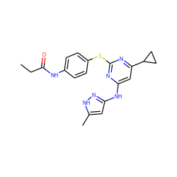 CCC(=O)Nc1ccc(Sc2nc(Nc3cc(C)[nH]n3)cc(C3CC3)n2)cc1 ZINC000043071578