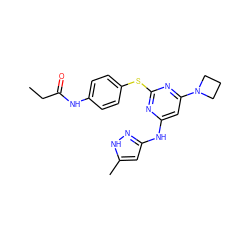 CCC(=O)Nc1ccc(Sc2nc(Nc3cc(C)[nH]n3)cc(N3CCC3)n2)cc1 ZINC000043076133